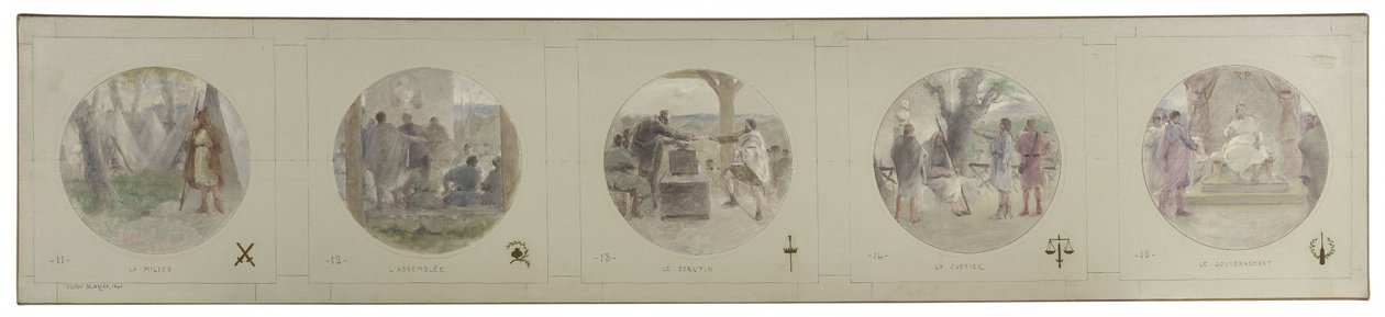 Szkic galerii Lobau w Hôtel de Ville de Paris: La Milice. Zgromadzenie. Głosowanie. Sprawiedliwość. Rząd autorstwa Victor Jean Pierre Maziès