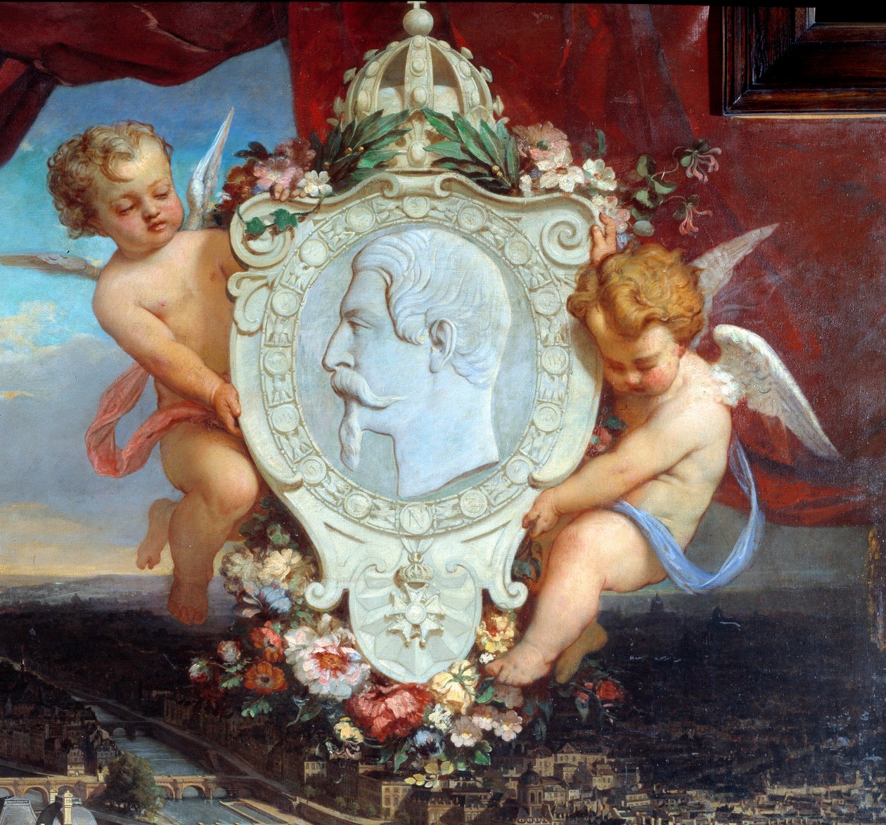 Szczegóły: „”Luwr Napoleona III””„”Widok na Palais du Louvre i portret Napoleona III (1808-1873) w medalionie”” Obraz Victor Joseph Chavet (1822-1906) 1857 Ndz. 2,12 x 2,22 m Paryż, muzeum Luwru. autorstwa Victor Joseph Chavet