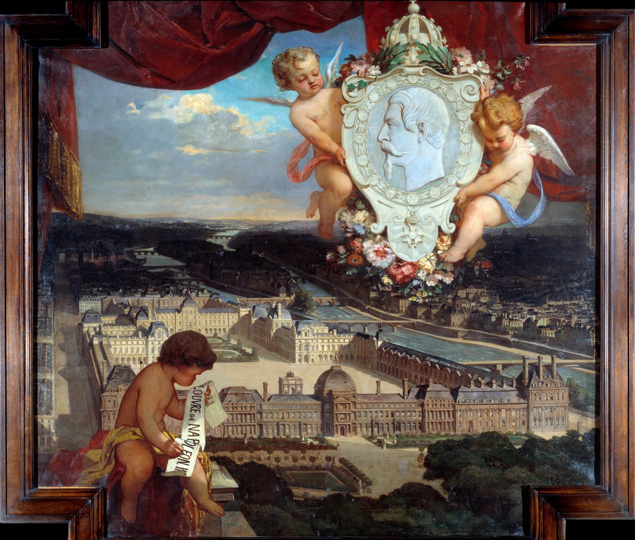 Luwr Napoleona III „”Widok na Palais du Louvre i portret Napoleona III (1808-1873) w medalionie”” Obraz Victor Joseph Chavet (1822-1906) 1857 Ndz. 2,12 x 2,22 m Paryż, Musee du Louvre. autorstwa Victor Joseph Chavet