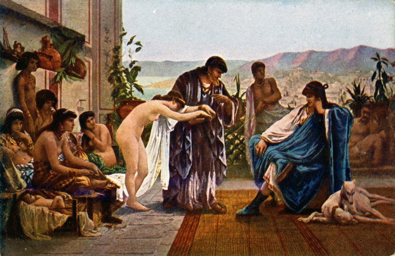 Historia. Starożytny Rzym. Handlarz niewolnikami. Ilustracja: V. Giraud, Czechy, ok. 1910 r. (pocztówka) autorstwa Victor Julien Giraud