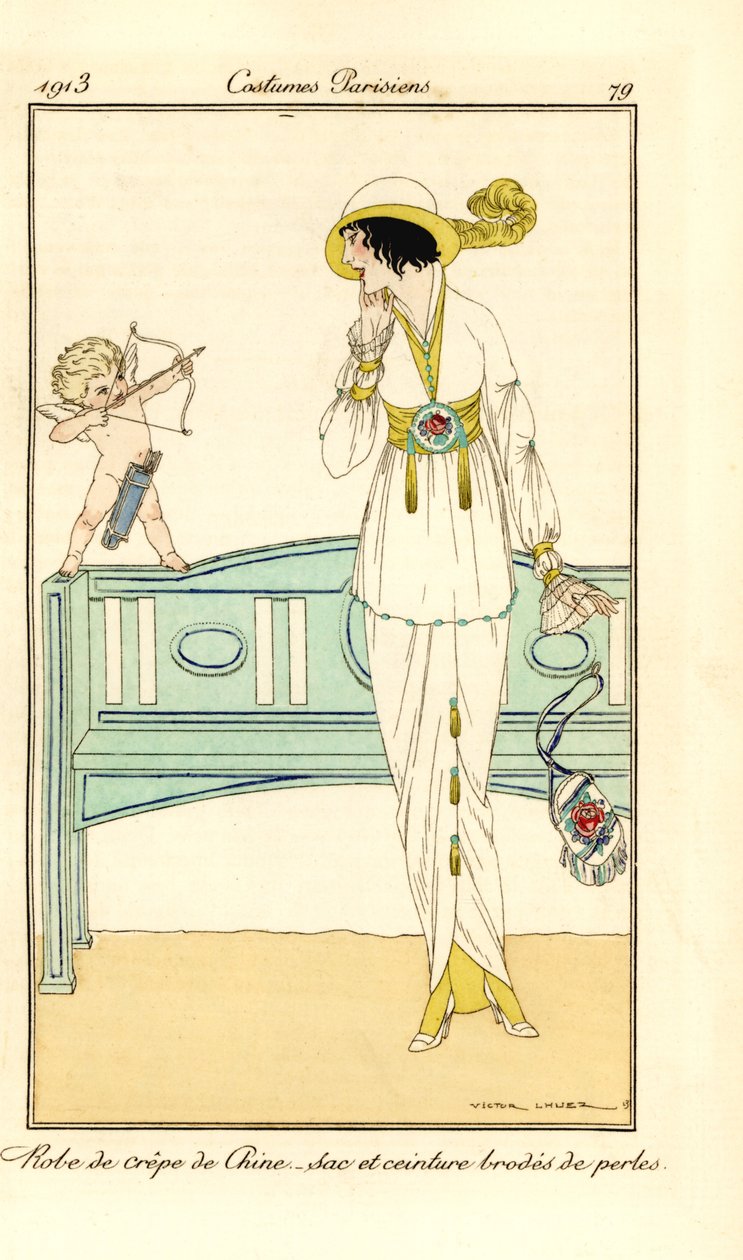 Kobieta w krepowej sukni z paskiem i torbą wyszywaną perłami. Kupidyn celuje w jej głowę miłosną strzałką. Robe de crepe de chine, sac et ceinture brodes de perles. Ręcznie kolorowany pochoir (szablon) akwaforta według ilustracji Victora Lhuera z Tommas autorstwa Victor Lhuer