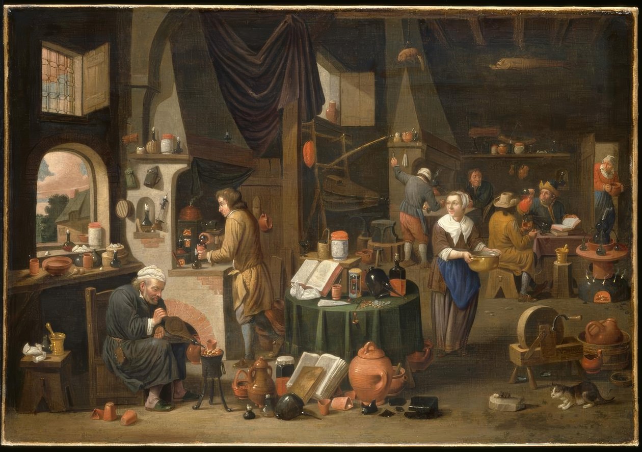 Wnętrze z alchemikiem. i asystenci / Gem. V. Mahu autorstwa Victor Mahu