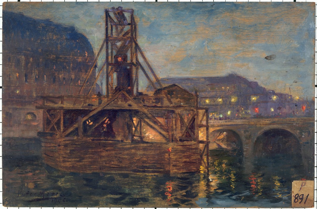Les travaux du métropolitain au pont Saint-Michel en 1906, w. 11-1906 (olej na drewnie) autorstwa Victor Marec