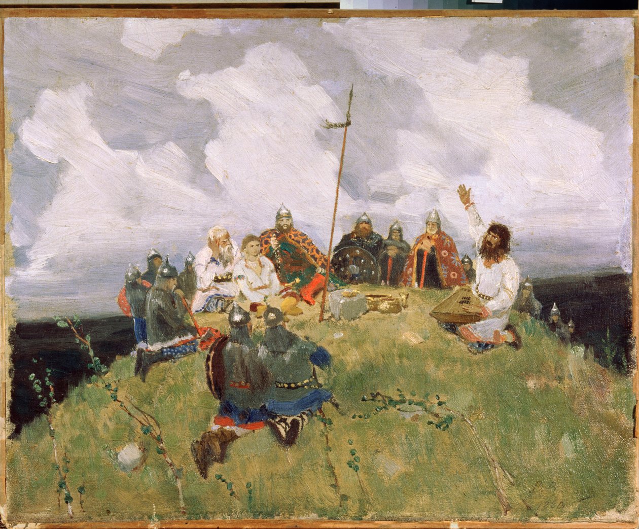 Boyan jouant du gousli (gusli, housli, husli) w XI wieku (Boyan grający w gusli) - Dzieło Wiktora Michajłowicza Wasnetsowa (1848-1926), olej na tekturze autorstwa Victor Mikhailovich Vasnetsov