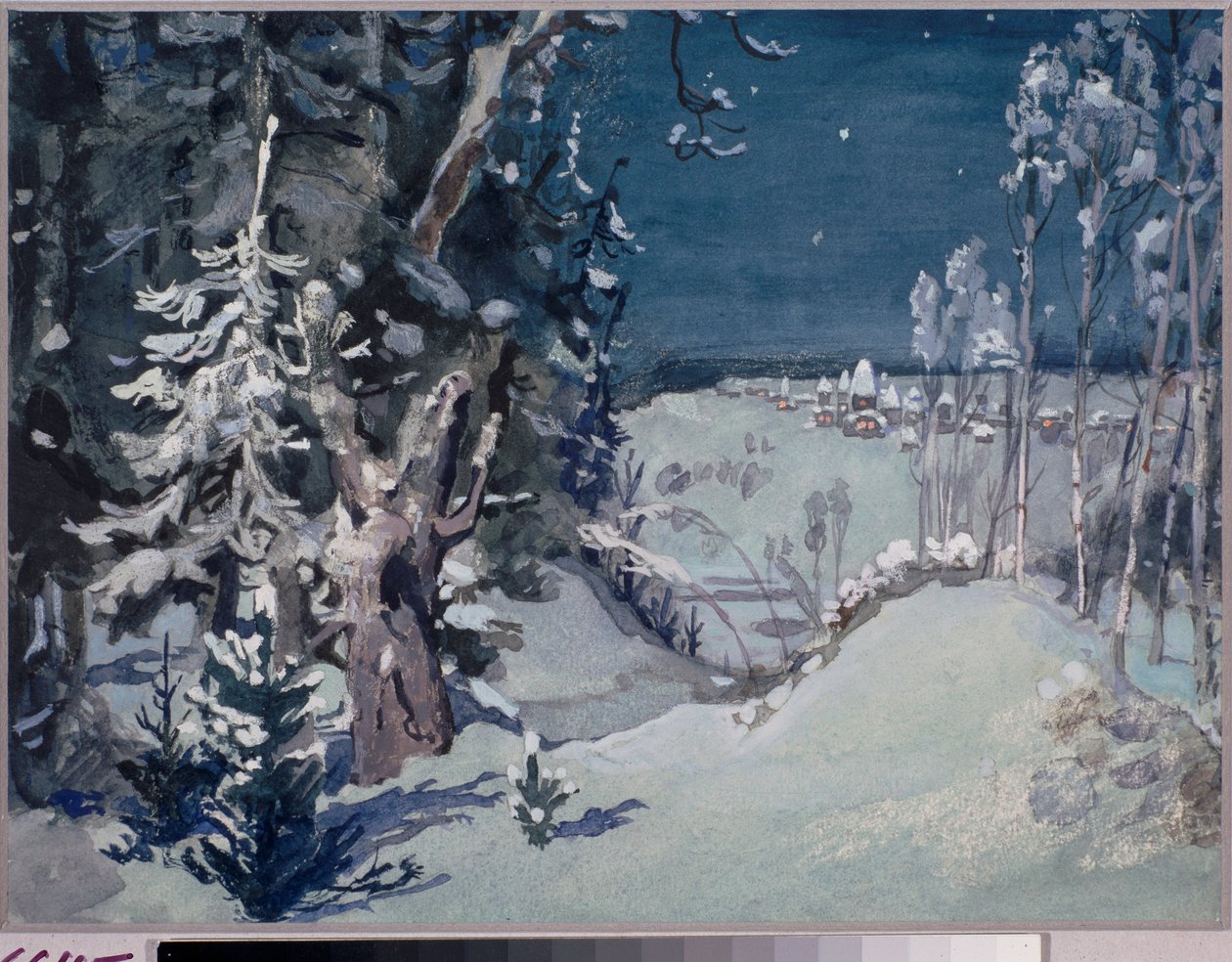 Dekoracja przygotowawcza do opery „Snow Maiden” Nicolasa (Nikolai) Rimsky Korsakov (Rimsky-Korsakov) (1844-1908) (Scenografia do opery Snow Maiden N. Rimskiego Korsakowa) Wieś w śnieżnym krajobrazie, noc - Grafika autorstwa Viktora Mi autorstwa Victor Mikhailovich Vasnetsov