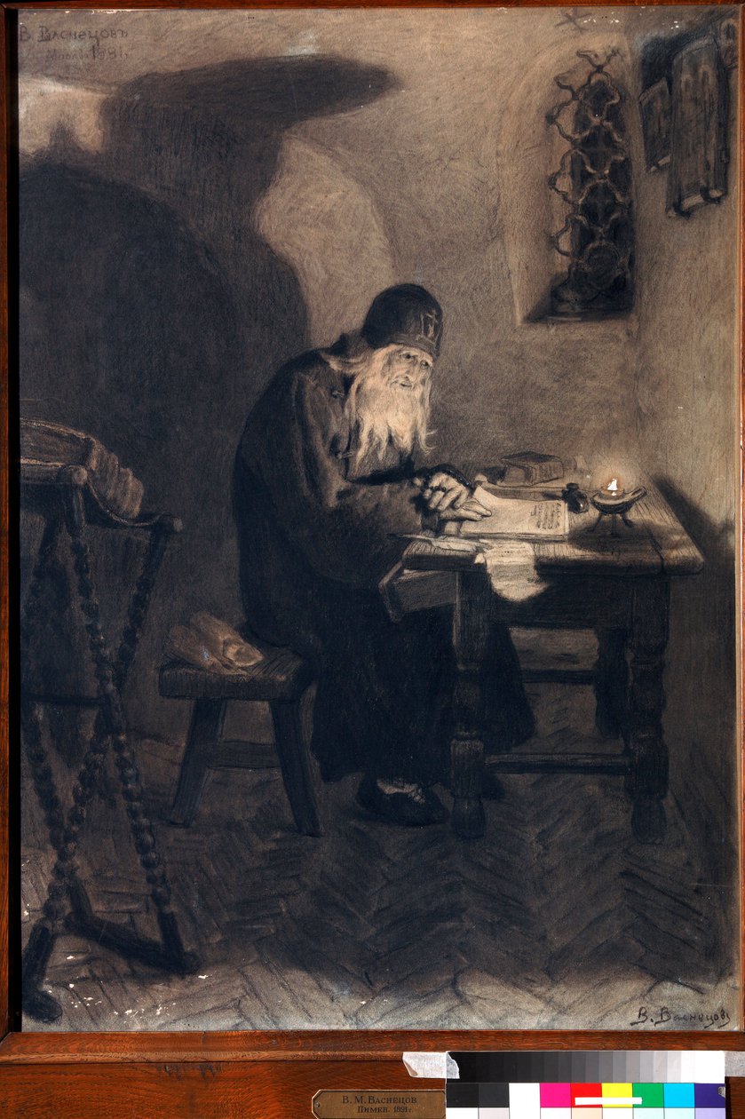 „Pimene” (Pimen) Ilustracja do opery „Borys Godunow” (Borys Godunow) Aleksandra Puszkina Obraz Wiktora Vasnetsova (1848-1926) - 1891 - Węgiel, kredka i biały kolor na papierze - Państwowe Muzeum Abramtsevo Posiadłość, Moskwa autorstwa Victor Mikhailovich Vasnetsov