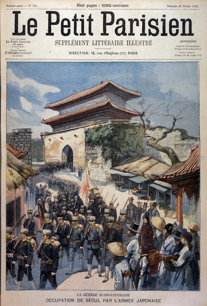 Armia japońska okupuje Seul, Korea - Grawerowanie z Le Petit Parisien, 28.02.1904 autorstwa Victor Mottez