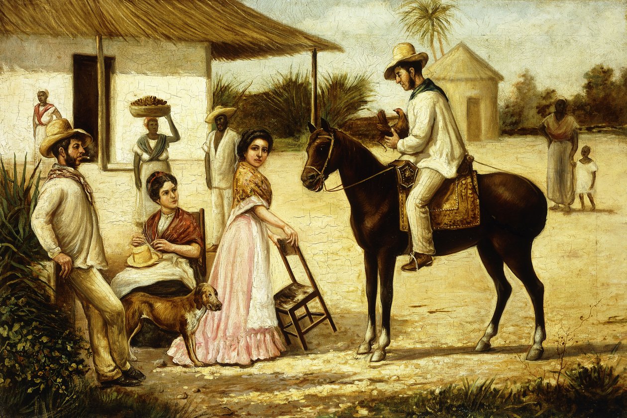 Rodzina chłopska u drzwi stodoły; Rodzina Guajiros przy bramie pastwiska, ok.1880 autorstwa Victor Patricio Landaluce