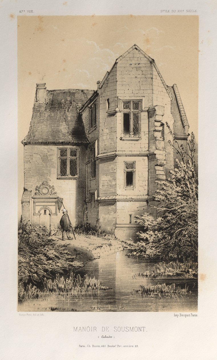 Malownicza architektura lub zabytki XV wieku. I XVI. Wieki: Zamki francuskie XV i XVI wieku: Plac 47, Manoir De Sousmont (Calvados) autorstwa Victor Petit