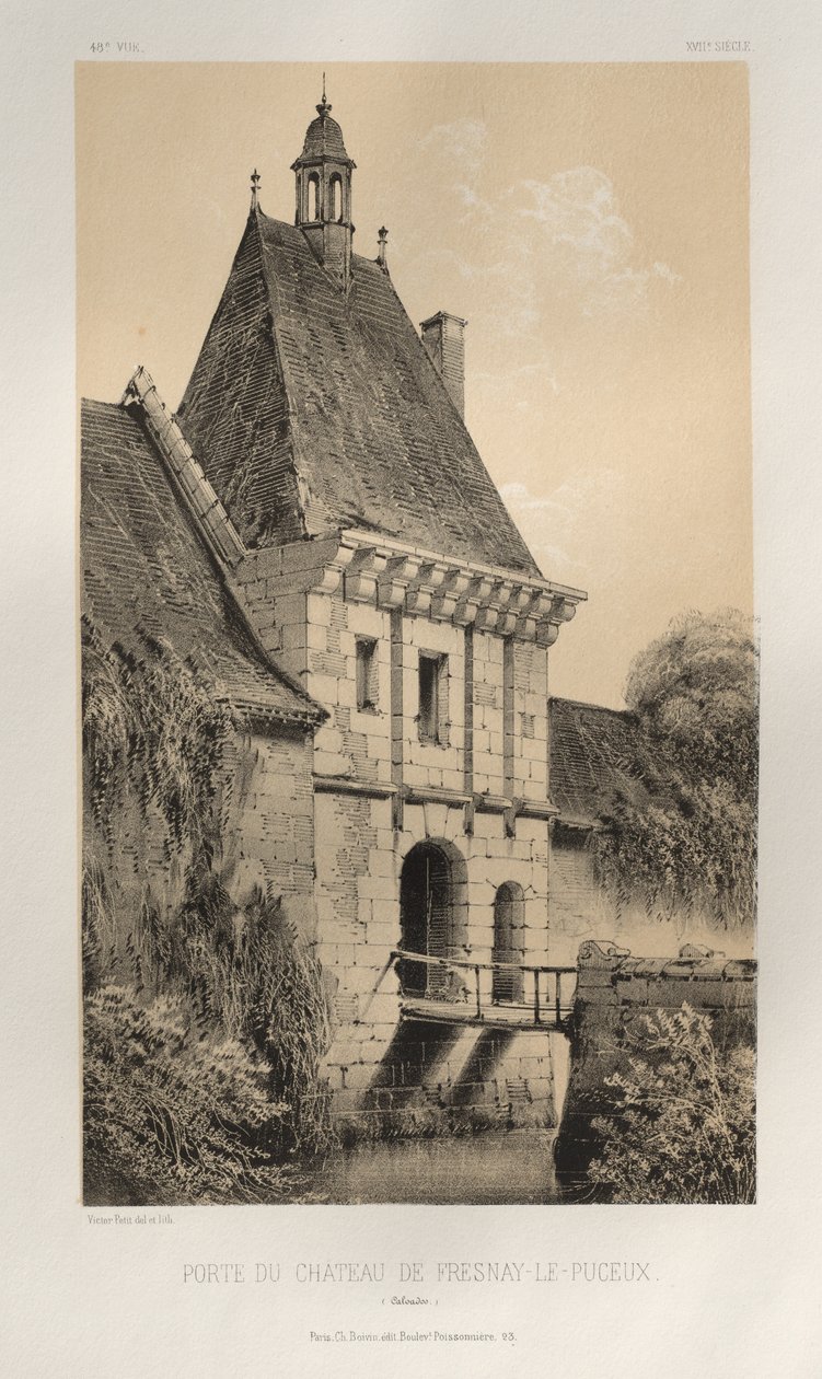 Malownicza architektura lub zabytki XV wieku. I XVI. Wieki: Zamki Francji XV i XVI wieku: Plac 48, Brama Zamku Fresnay-Le-Puceux (Calvados) autorstwa Victor Petit
