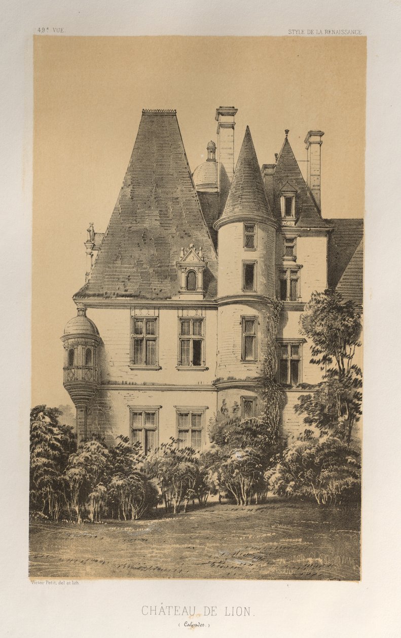 Malownicza architektura lub zabytki XV wieku. I XVI. Wieki: Zamki francuskie XV i XVI wieku: Plac 49, Château De Lion (Calvados) autorstwa Victor Petit