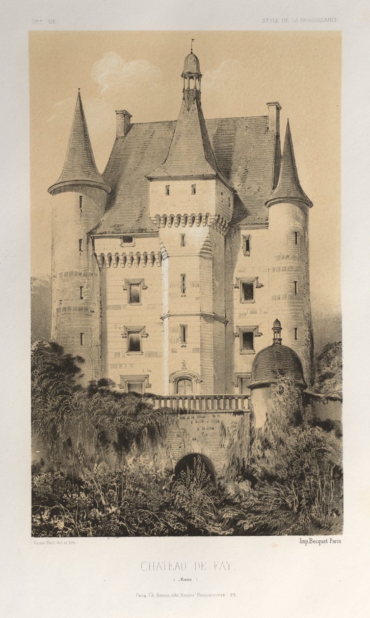 Malownicza architektura lub zabytki XV wieku. I XVI. Wieki: Zamki Francji XV i XVI wieku: Plac 52, Château De Fay (Maine) autorstwa Victor Petit