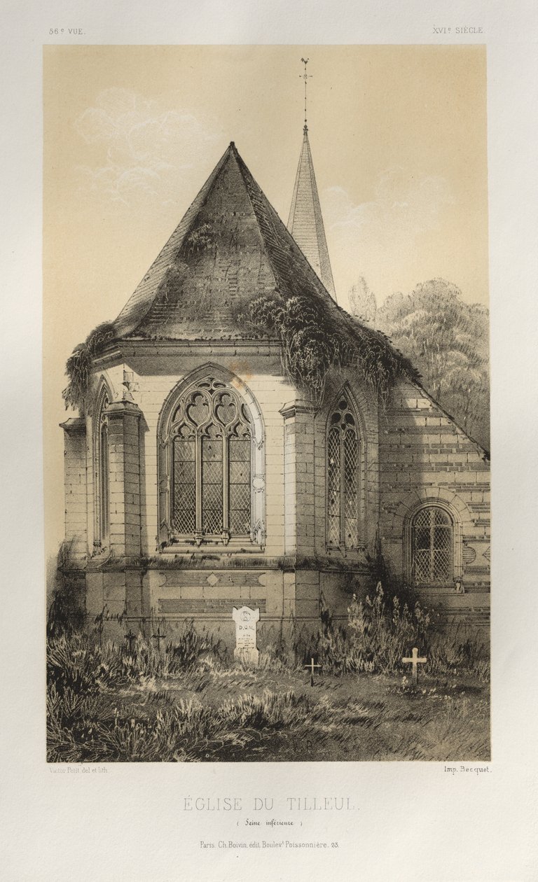 Malownicza architektura lub zabytki XV wieku. I XVI. Wieki: Zamki francuskie z XV i XVI wieku: Plac 56, kościół Du Tilleul (Dolna Sekwana) autorstwa Victor Petit