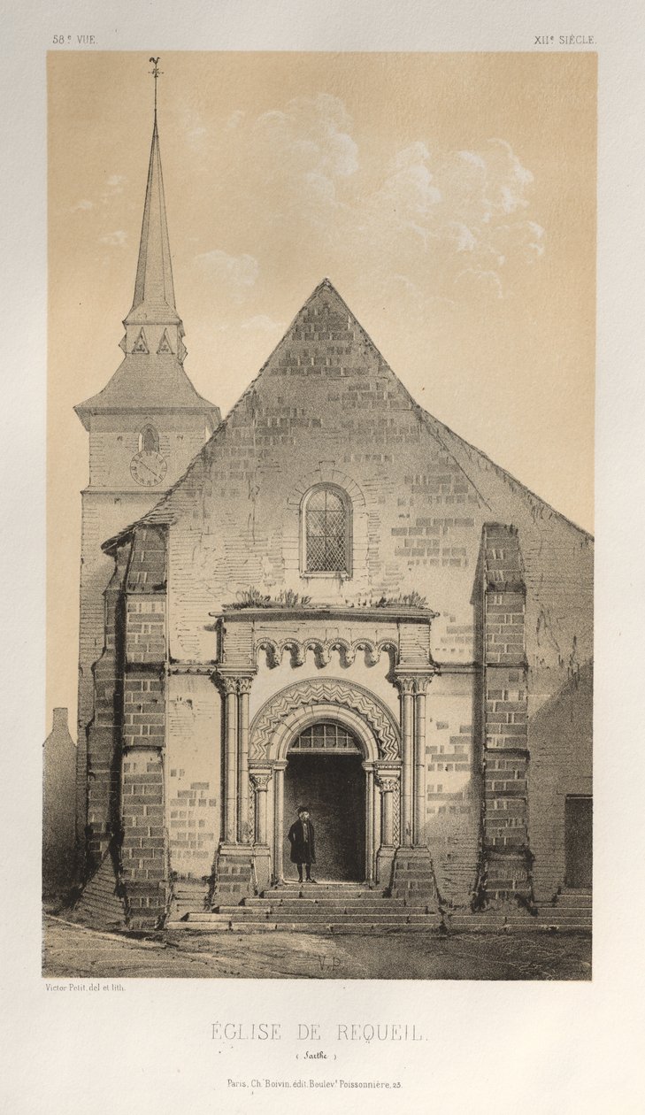 Malownicza architektura lub zabytki XV wieku. I XVI. Wieki: Zamki francuskie XV i XVI wieku: Plac 58, kościół De Requeil (Sarthe) autorstwa Victor Petit