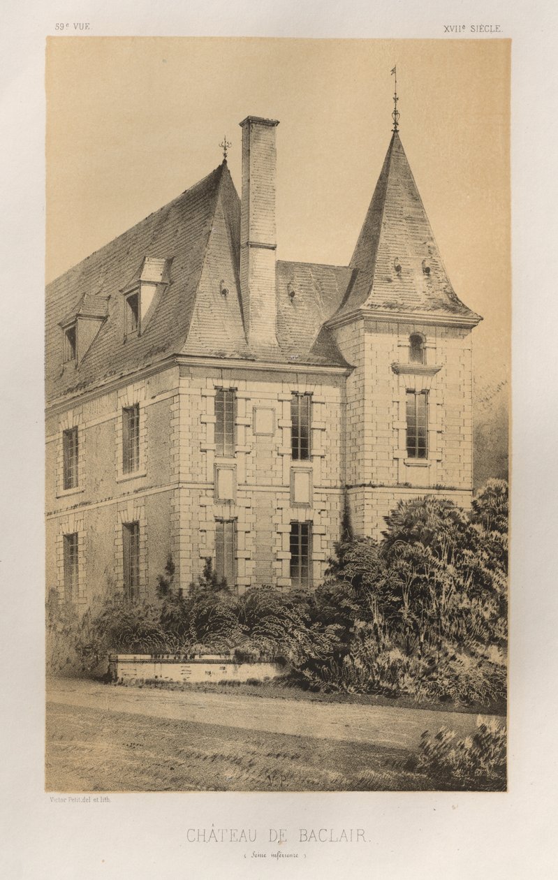 Malownicza architektura lub zabytki XV wieku. I XVI. Wieki: Zamki Francji XV i XVI wieku: Plac 59, Château De Baclair (Dolna Sekwana) autorstwa Victor Petit