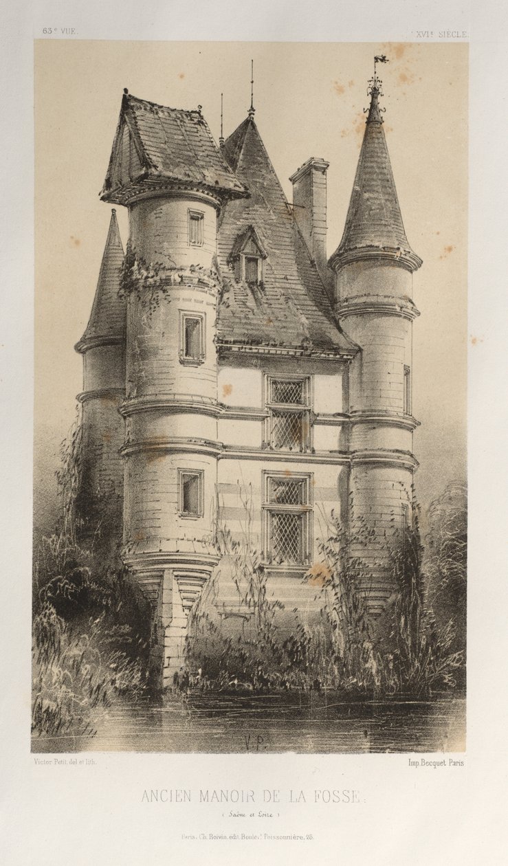 Malownicza architektura lub zabytki XV wieku. I XVI. Wieki: Zamki francuskie XV i XVI wieku: Plac 63, Dawny Manor De La Fosse (Saona i Loara) autorstwa Victor Petit