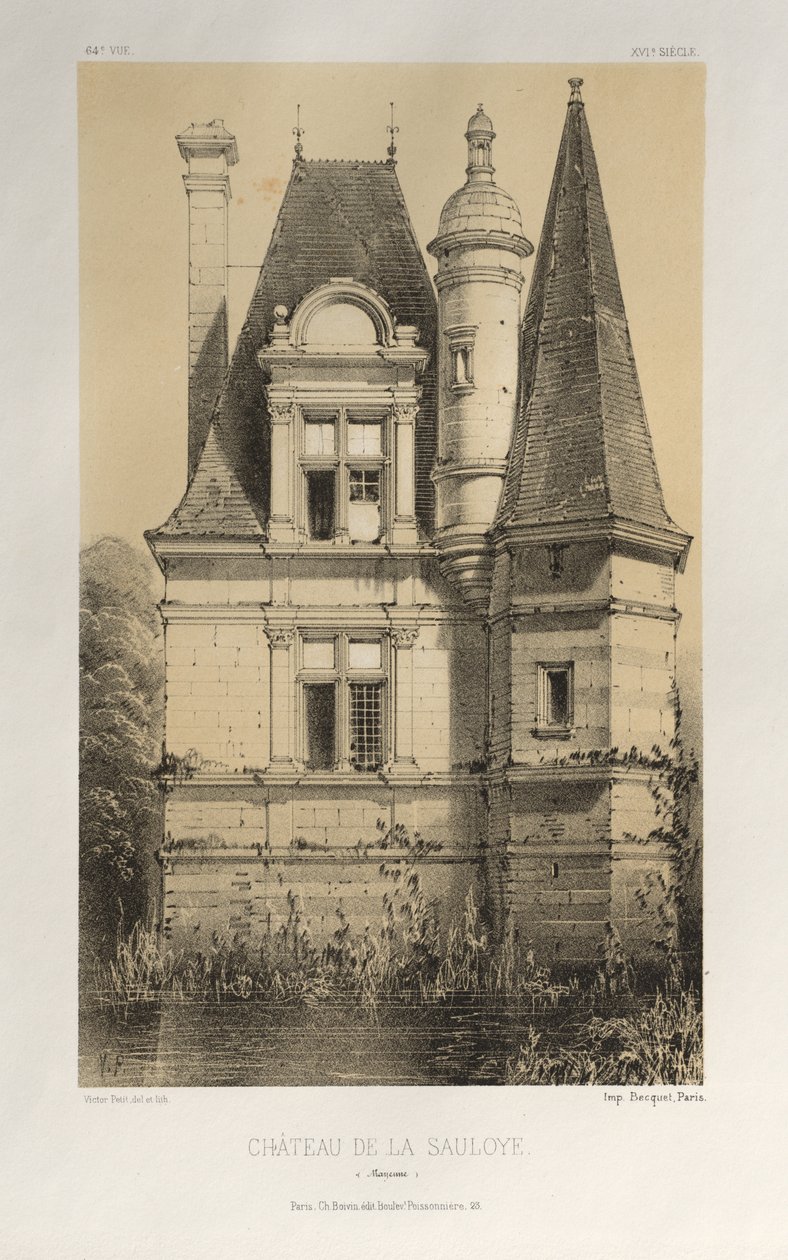 Malownicza architektura lub zabytki XV wieku. I XVI. Wieki: Zamki Francji XV i XVI wieku: Plac 64, Château De La Sauloye (Mayenne) autorstwa Victor Petit