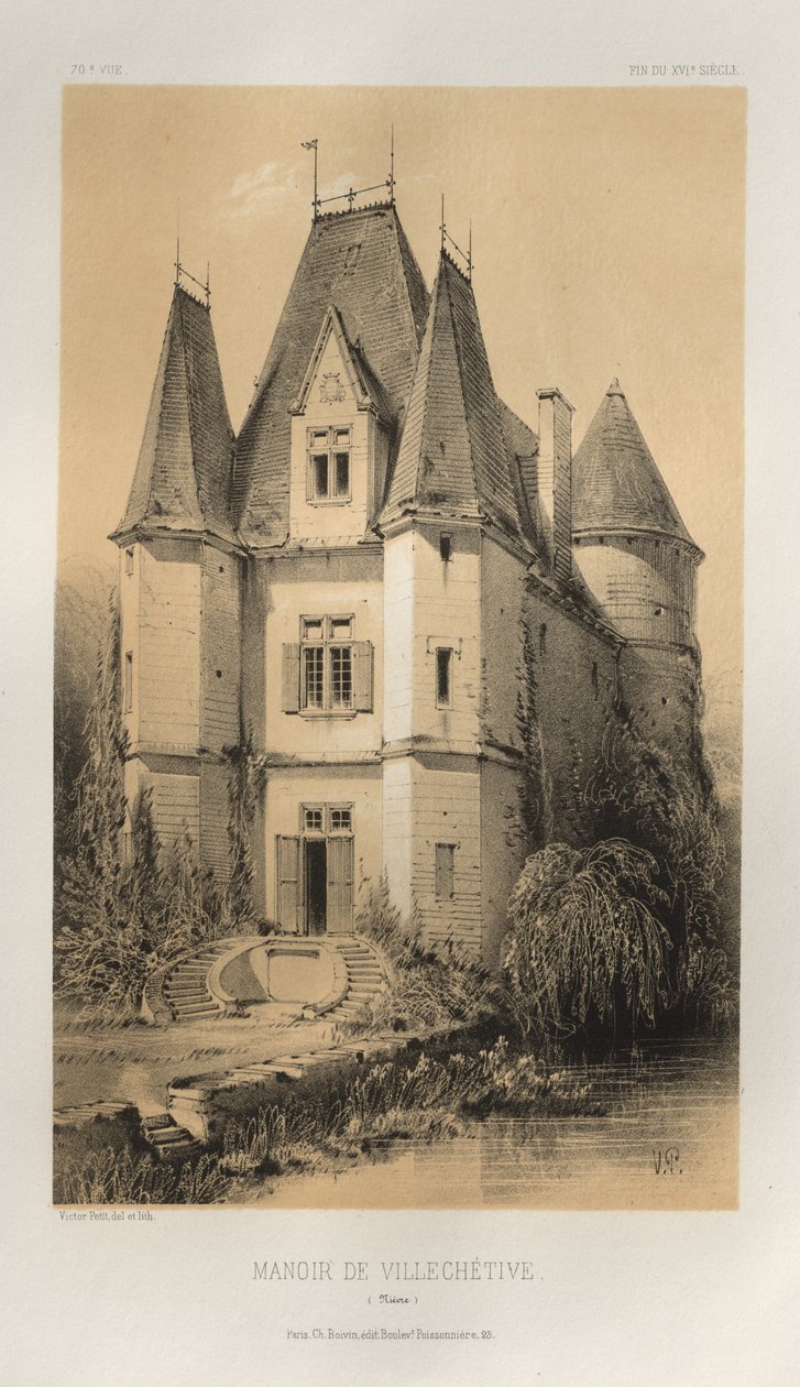 Malownicza architektura lub zabytki XV wieku. I XVI. Wieki: Zamki francuskie XV i XVI wieku: Plac 70, Manoir De Villechétive (Nièvre) autorstwa Victor Petit