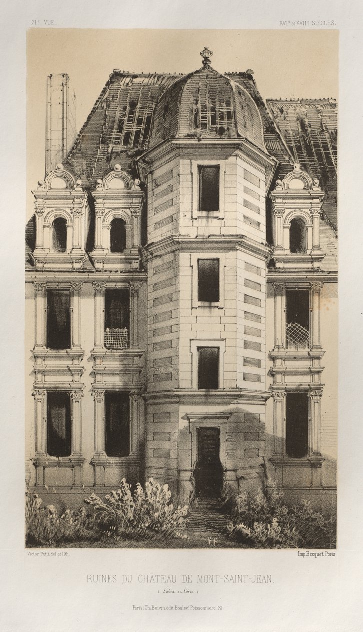 Malownicza architektura lub zabytki XV wieku. I XVI. Wieki: Zamki Francji XV i XVI wieku: Plac 71, Ruiny Zamku Mont-Saint-Jean (Saona i Loara) autorstwa Victor Petit