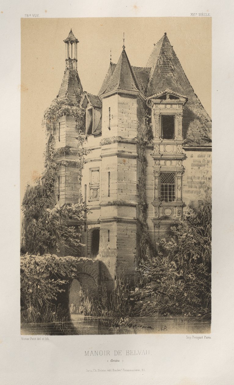 Malownicza architektura lub zabytki XV wieku. I XVI. Wieki: Zamki francuskie XV i XVI wieku: Plac 78, Manoir de Belvau (Corrèze) autorstwa Victor Petit