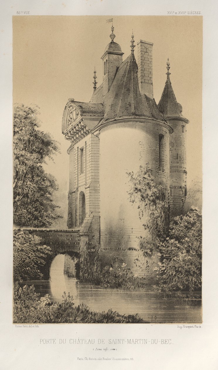 Malownicza architektura lub zabytki XV wieku. I XVI. Wieki: Zamki Francji XV i XVI wieku: Plac 83, Brama Zamku Saint-Martin-Du-Bec (Seine Infèrieure) autorstwa Victor Petit