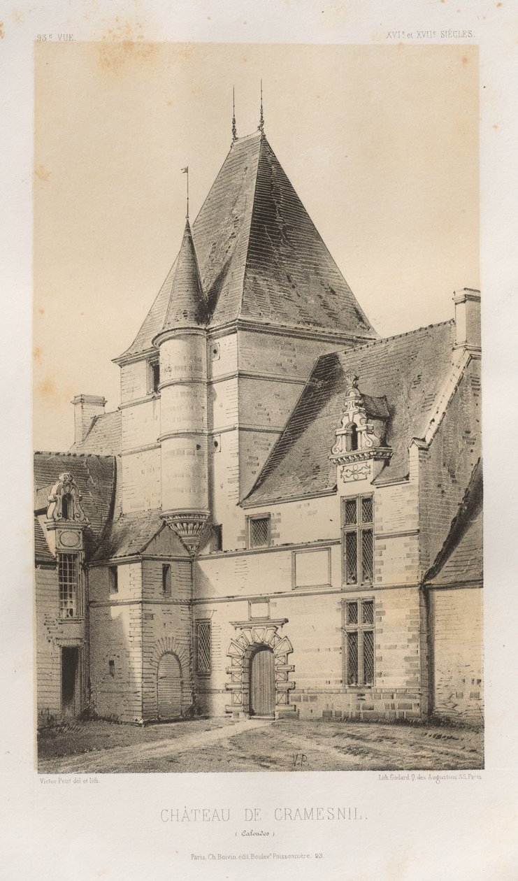 Malownicza architektura lub zabytki XV wieku. I XVI. Wieki: Zamki Francji XV i XVI wieku: Plac 93, Château de Cramesnil (Calvados) autorstwa Victor Petit