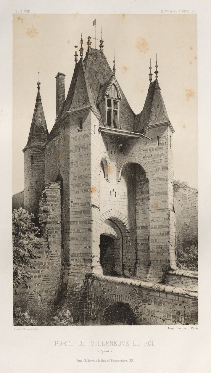 Malownicza architektura lub zabytki XV wieku. I XVI. Wieki: Zamki Francji XV i XVI wieku: Plac 95, Porte de Villeneuve-Le-Roi (Yonne) autorstwa Victor Petit