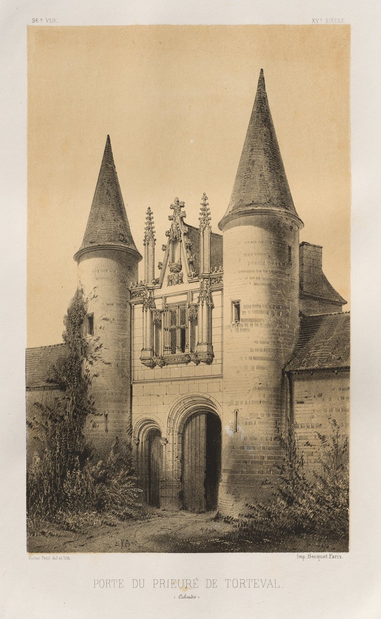 Malownicza architektura lub zabytki XV wieku. I XVI. Wieki: Zamki Francji XV i XVI wieku: Plac 96, Brama Zakonu Torteval (Calvados) autorstwa Victor Petit