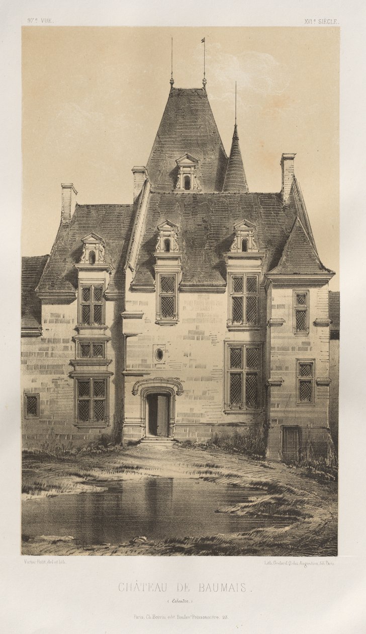 Malownicza architektura lub zabytki XV wieku. I XVI. Wieki: Zamki Francji XV i XVI wieku: Plac 97, Château de Baumais (Calvados) autorstwa Victor Petit