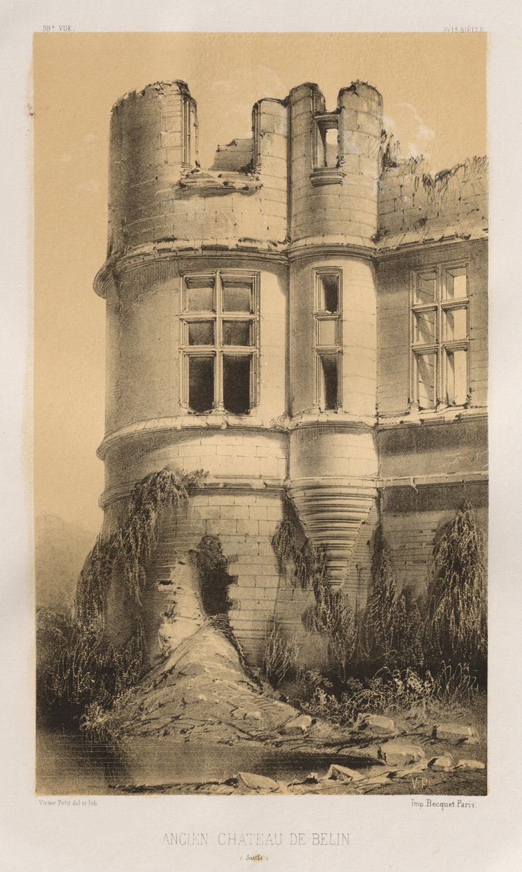 Malownicza architektura lub zabytki XV wieku. I XVI. Wieki: Zamki Francji XV i XVI wieku: Plac 99, Stary Zamek w Belin (Sarthe) autorstwa Victor Petit