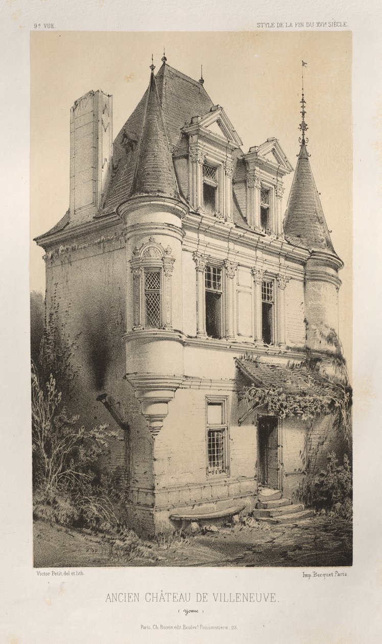 Malownicza architektura lub zabytki XV wieku. I XVI. Wieki: Chateaux de France XV i XVI wieku: Pl. 9, Stary Zamek Villeneuve (Yonne) autorstwa Victor Petit