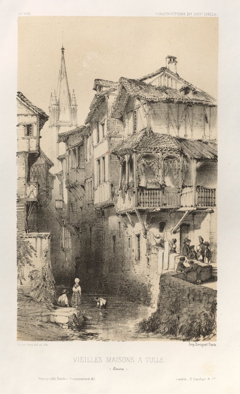 Malownicza architektura lub zabytki XV wieku. I XVI. Wieki: Zamki Francji XV i XVI wieku: Plac 10, Stare domy w Tulle (Correze) autorstwa Victor Petit