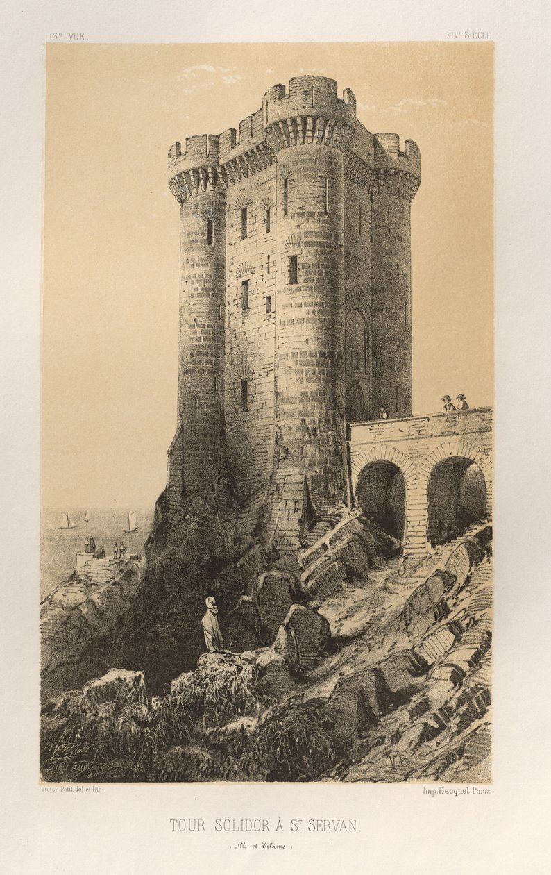 Malownicza architektura lub zabytki XV wieku. I XVI. Wieki: Chateaux de France XV i XVI wieku: Pl.13, Solidor Tower w St. Servan (Ille-et-Vilaine) autorstwa Victor Petit