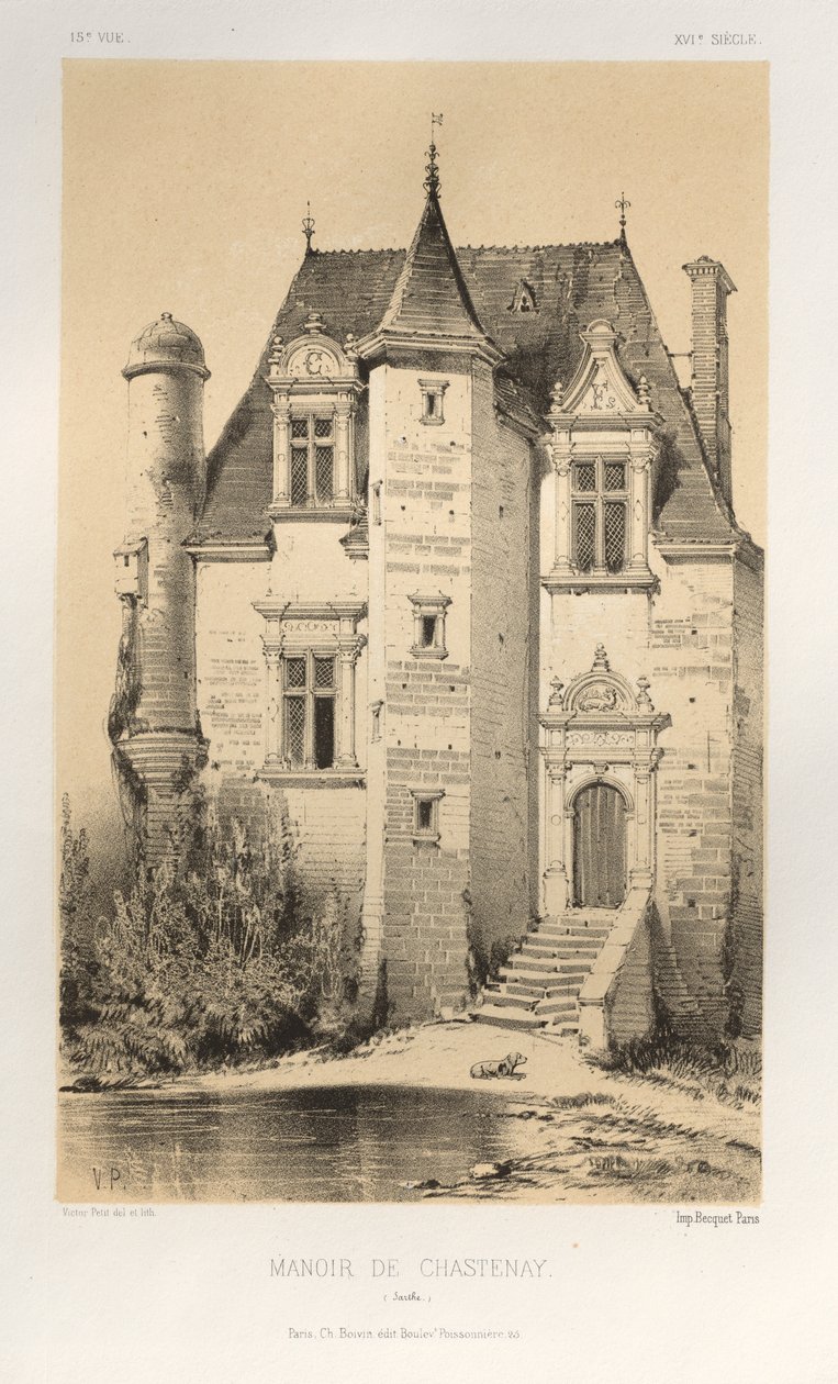 Malownicza architektura lub zabytki XV wieku. I XVI. Wieki: Chateaux de France XV i XVI wieku: Pl.15, Manoir De Chastenay (Sarthe) autorstwa Victor Petit