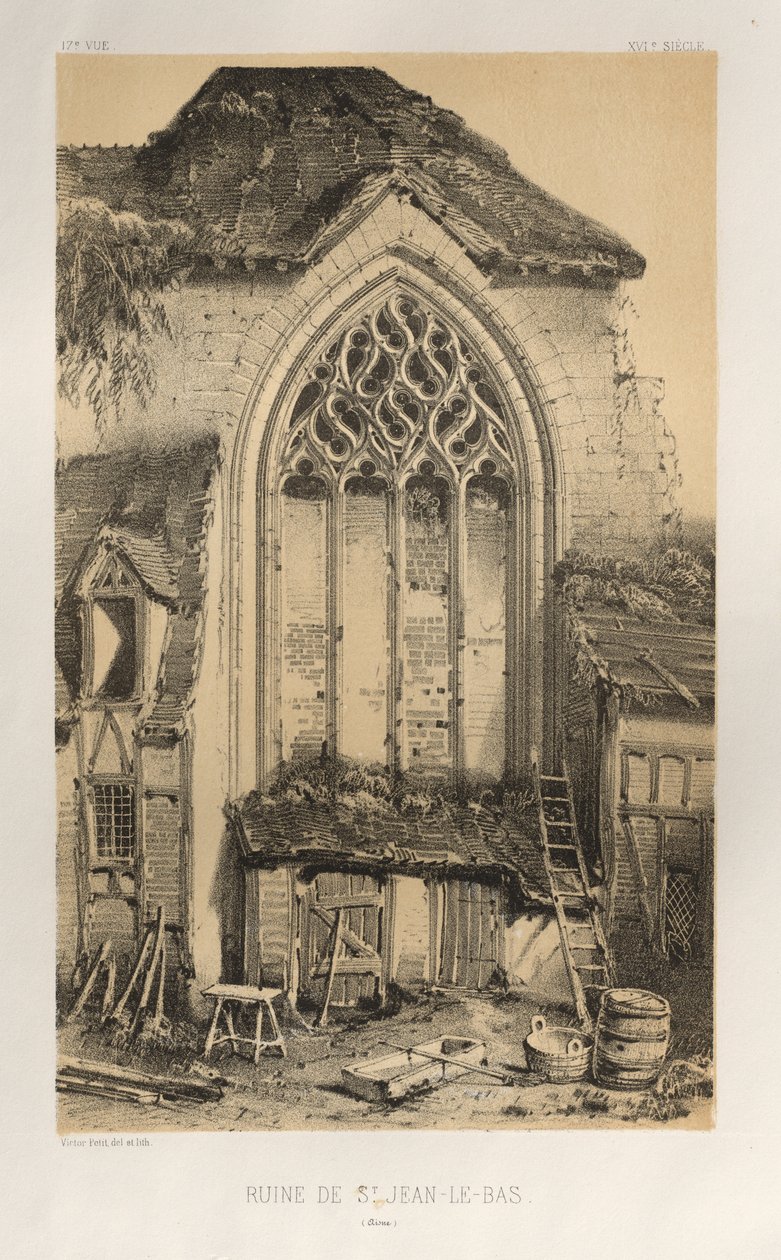 Malownicza architektura lub zabytki XV wieku. I XVI. Wieki: Zamki Francji XV i XVI wieku: Pl.17, Ruiny St. Jean-Le-Bas (Aisne) autorstwa Victor Petit