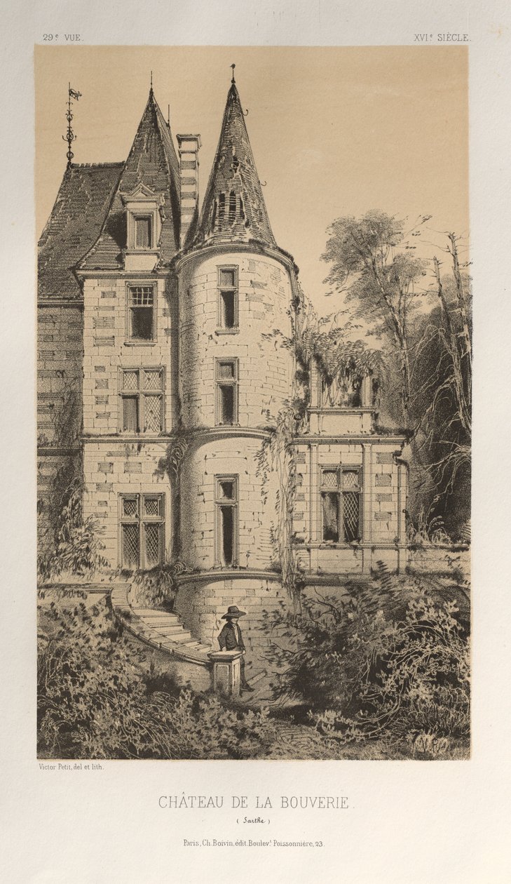 Malownicza architektura lub zabytki XV wieku. I XVI. Wieki: Chateaux Francji XV i XVI wieku: Plac 29, Chateau De La Bouverie (Sarthe) autorstwa Victor Petit