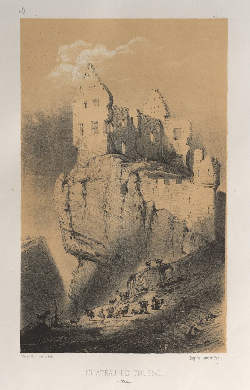 Malownicza architektura lub zabytki XV wieku. I XVI. Wieki: Chateaux De France XV i XVI wieku: Plac 30, Chateau De Crussol (Drome) autorstwa Victor Petit