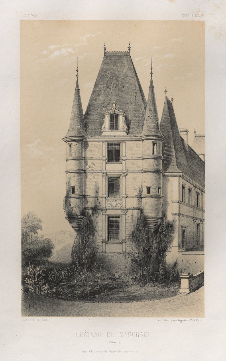 Malownicza architektura lub zabytki XV wieku. I XVI. Wieki: Chateaux de France XV i XVI wieku: Plac 31, Château De Marchais (Aisne) autorstwa Victor Petit