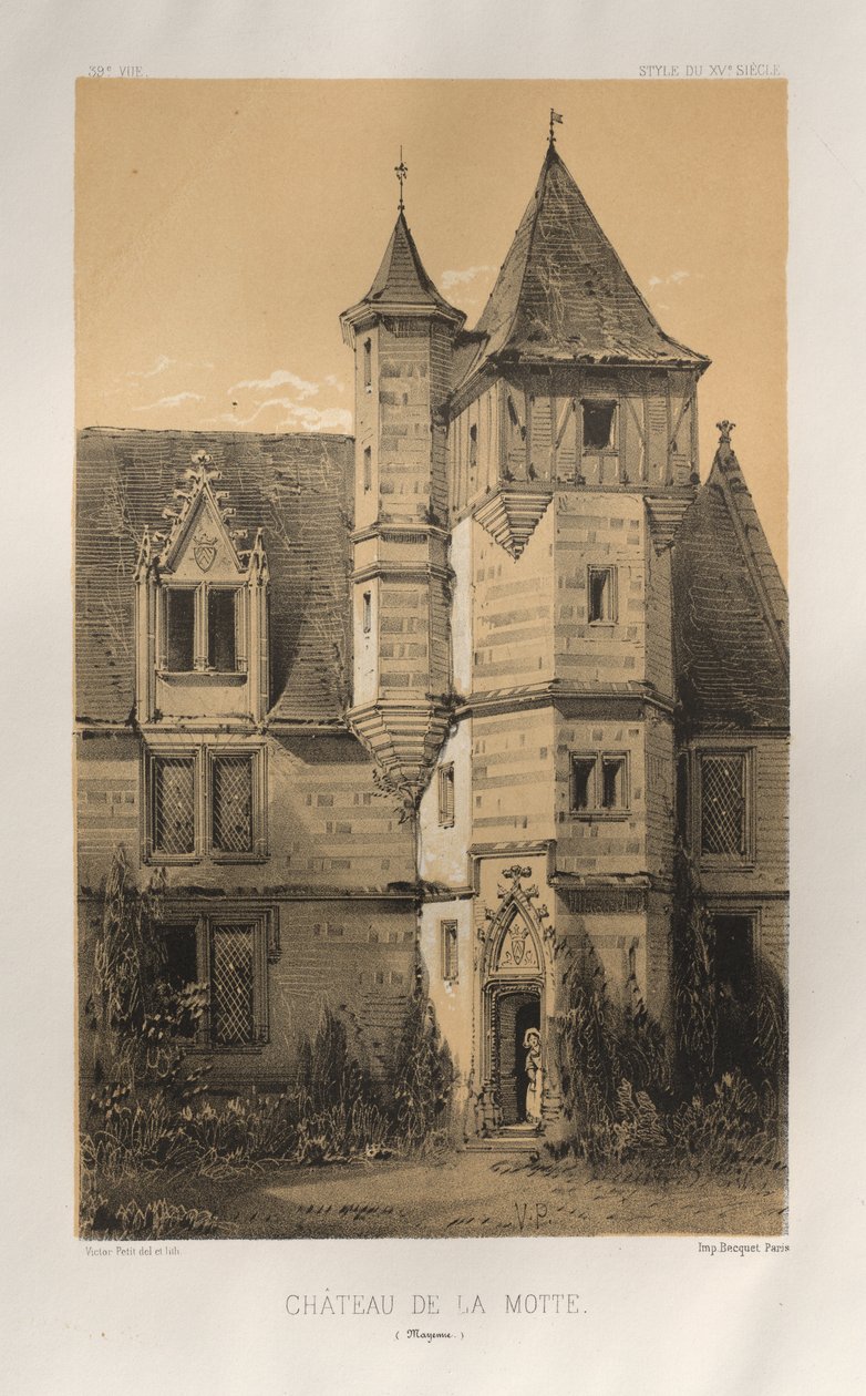 Malownicza architektura lub zabytki XV wieku. I XVI. Wieki: Chateaux de France XV i XVI wieku: Plac 39, Château De La Motte (Mayenne) autorstwa Victor Petit