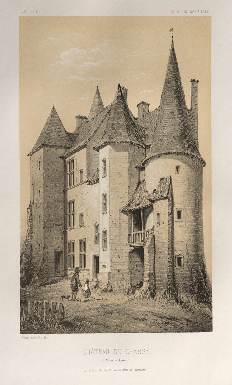 Malownicza architektura lub zabytki XV wieku. I XVI. Wieki: Chateaux de France XV i XVI wieku: Plac 45 Château De Chassy (Saona i Loara) autorstwa Victor Petit
