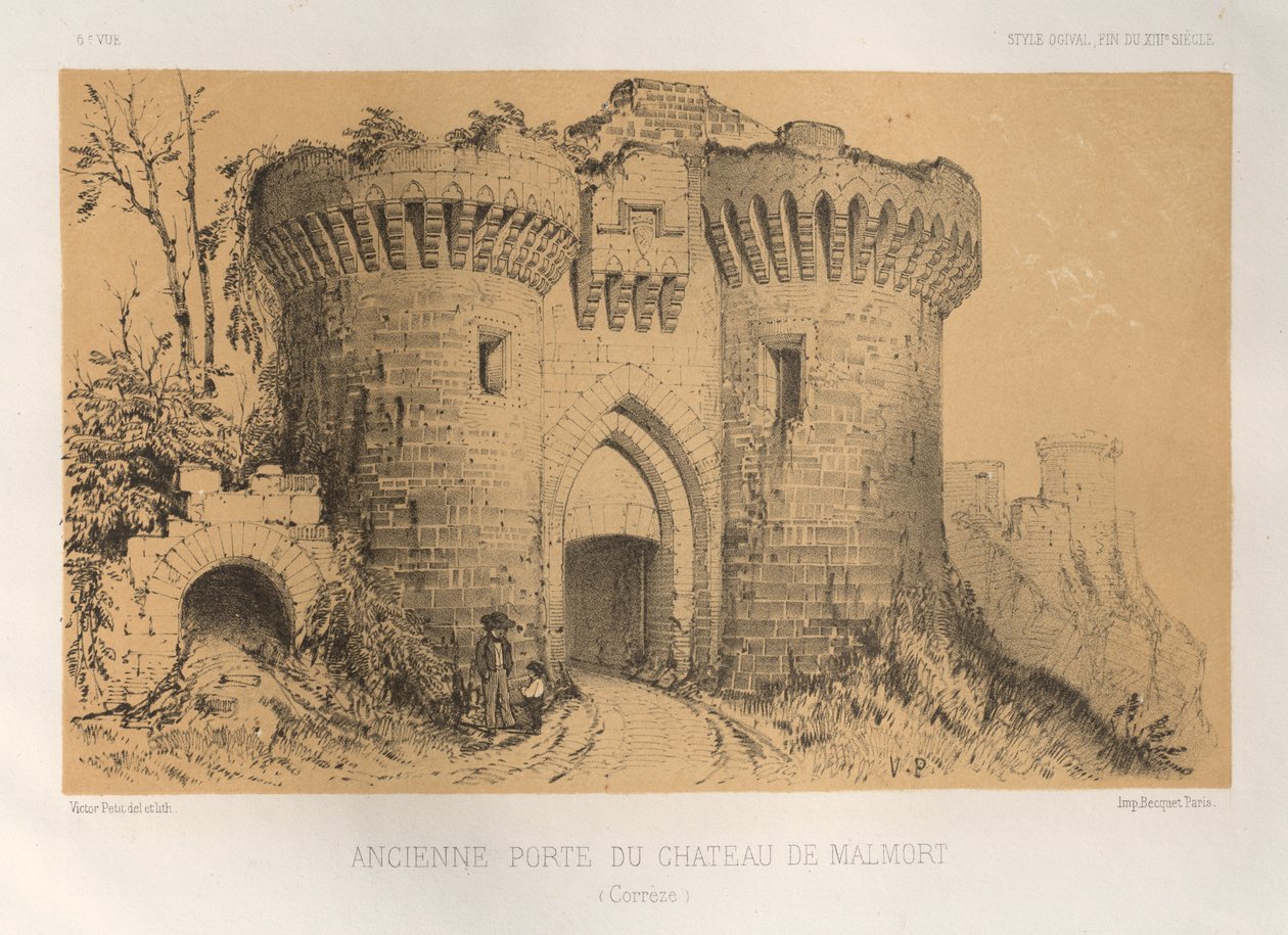 Malownicza architektura lub zabytki XV wieku. I XVI. Wieki: Chateaux Francji XV i XVI wieku: Pl.6, Stara Brama Chateau De Malmort (Correze) autorstwa Victor Petit