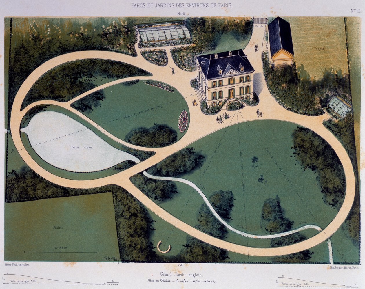 Duży ogród angielski o powierzchni 6300 metrów kwadratowych, ilustracja zaczerpnięta z Parcs et Jardins des environs de Paris (Parki i ogrody wokół Paryża), ok. 1850, Litografia Victora Petita (1818-1871), Francja autorstwa Victor Petit
