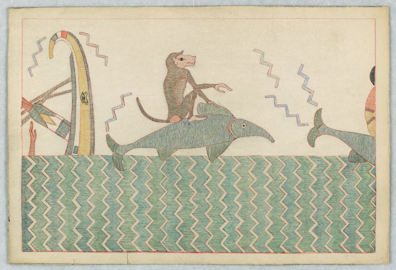 Małpa i delfin, ilustracja do bajek Ezopa autorstwa Victor Wilbour
