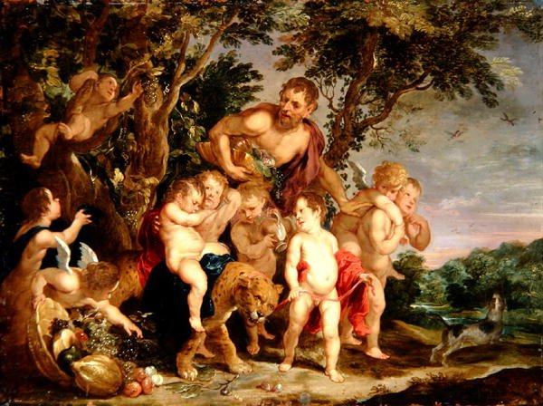 Bachanalia w zalesionym krajobrazie rzecznym (olej na miedzi) autorstwa Victor Wolfvoet