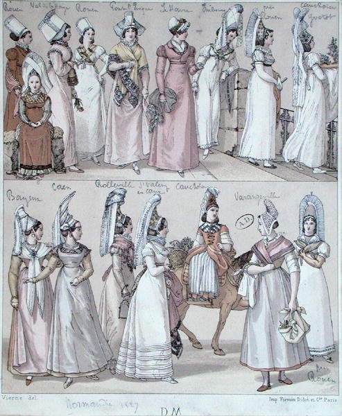 Tradycyjne stroje Normandii, ok. 1830 (kolor lito) autorstwa Vierne (after)