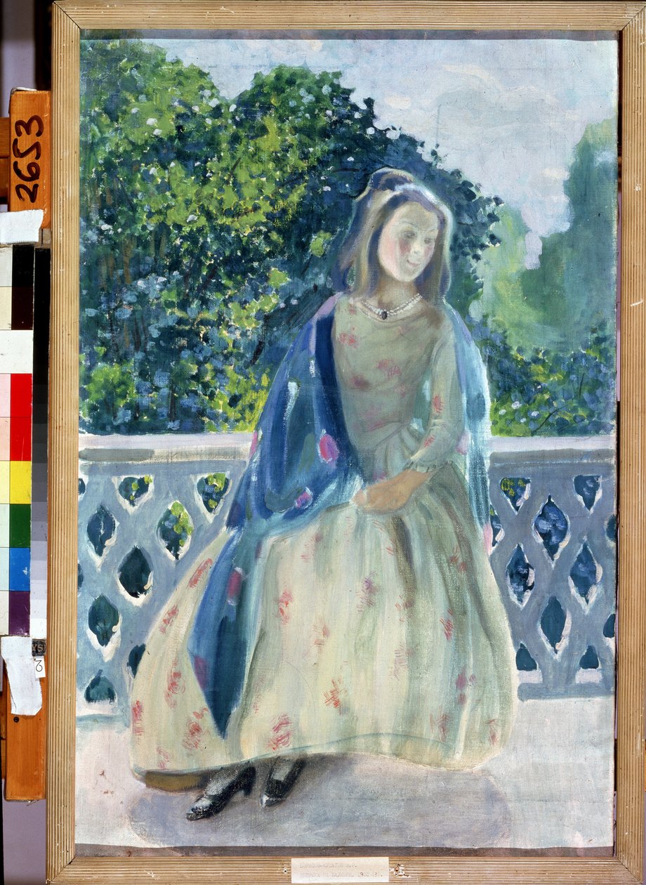 „Jeune fille au balcon”” Peinture de Viktor (Victor) Elpidiforovich Borisov-Musatov (Borisov Musatov) (1870-1905) 1900 Państwowe Muzeum Sztuki im. A. Radishcheva Saratów autorstwa Viktor Elpidiforovich Borisov-Musatov