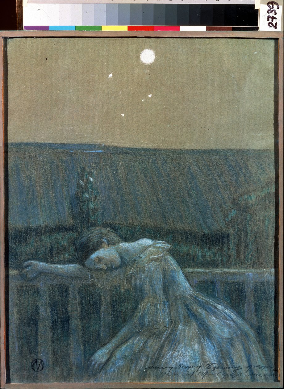 „Smutek” (smutek) Zdesperowana młoda dziewczyna oparta o balustradę. Akwarela i pastel – Viktor (Victor) Elpidiforovich Borisov-Musatov (Borisov Musatov) (1870-1905) (symbolika) 1903 Państwowe Muzeum Historii i Sztuki Serpukhov (Serpukhov). autorstwa Viktor Elpidiforovich Borisov Musatov