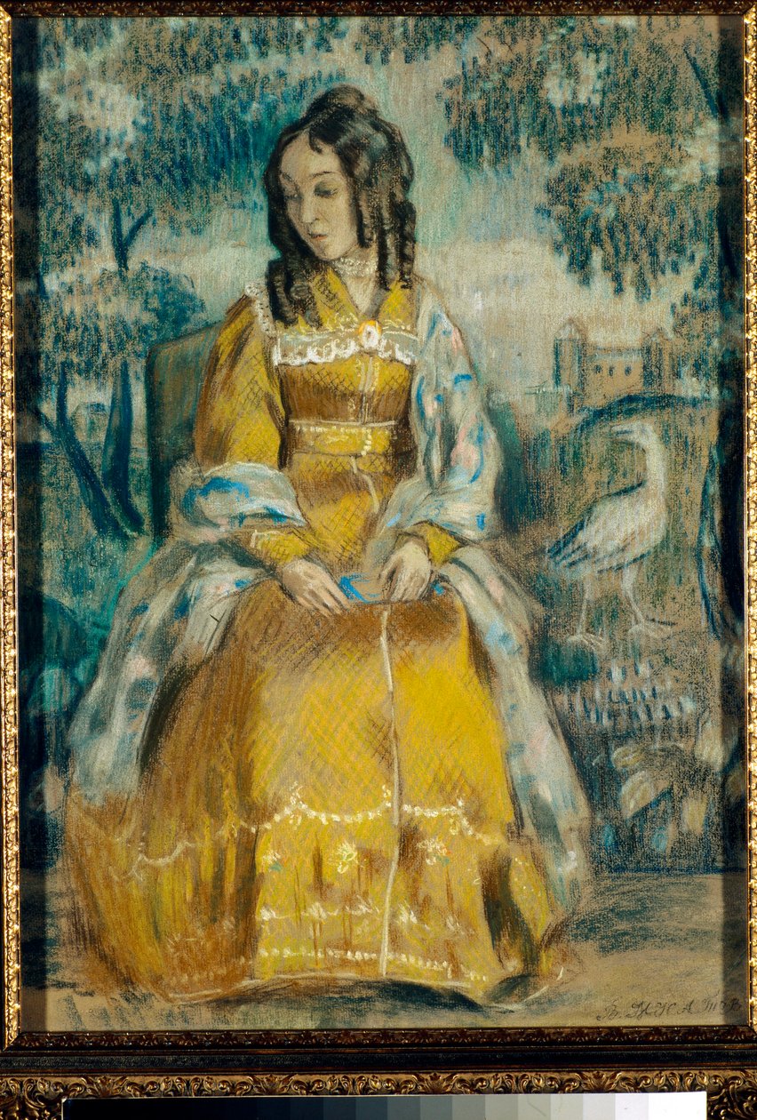 Portret Nadieżdy Stanyukovich przed gobelinem, zamyślony, w sukience z krynoliny - Rysunek Wiktora (Victor) Elpidiforovicha Borisov-Musatov (Borisov Musatov) (1870-1905) autorstwa Viktor Elpidiforovich Borisov Musatov
