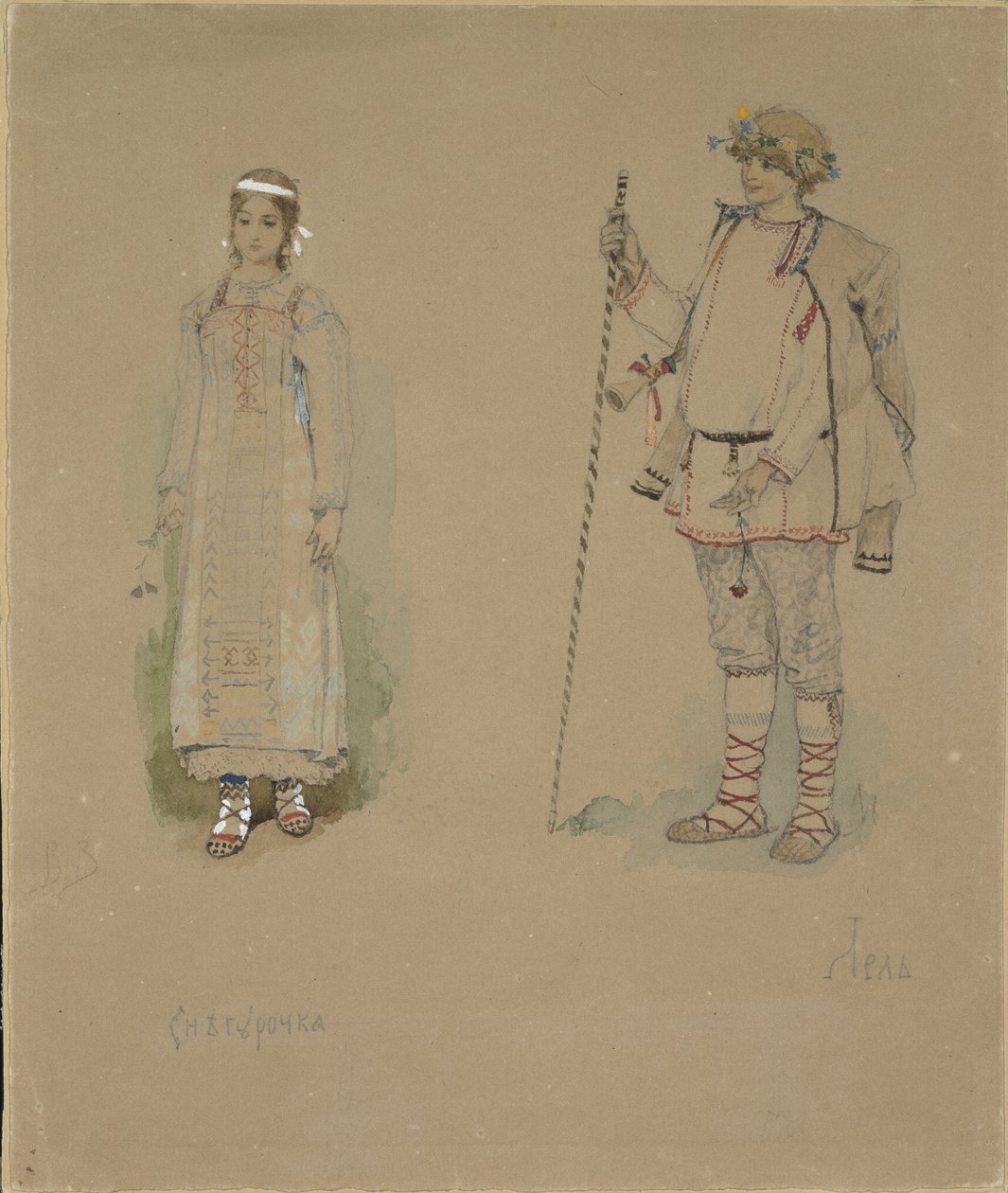 Śnieżna Panna i Lel. Projekt kostiumu do opery Snow Maiden N. Rimskiego-Korsakowa, 1885 autorstwa Viktor Mikhaylovich Vasnetsov