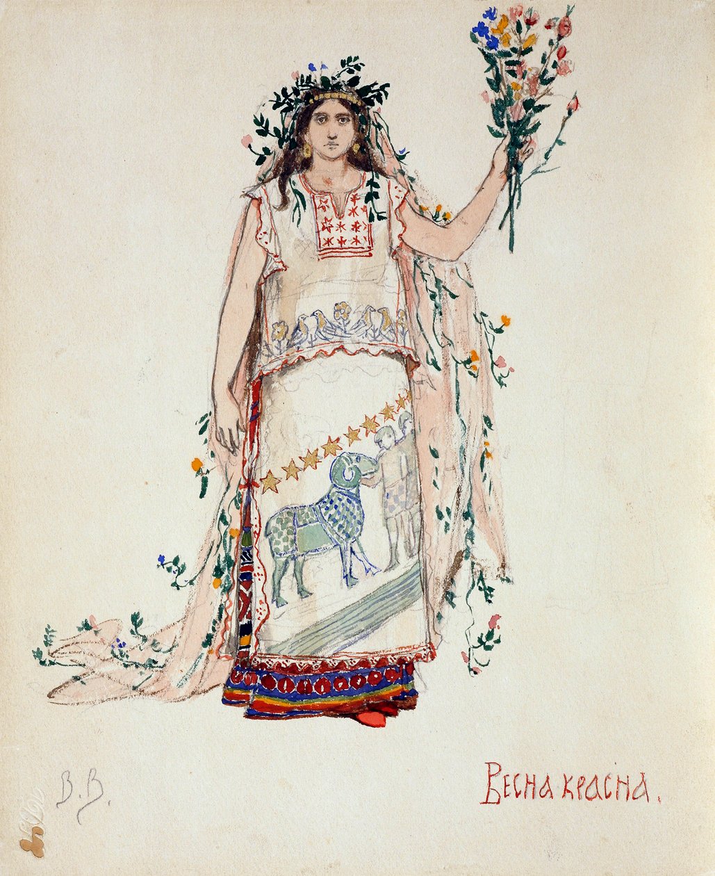 Piękno wiosny. Projekt kostiumu do opery Snow Maiden N. Rimskiego-Korsakowa, 1885 autorstwa Viktor Mikhaylovich Vasnetsov